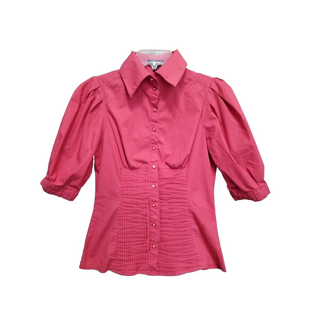 bebe Coral Pink Pintucked Rhinestone Button Puff Sleeve Button-Up Top Size Med